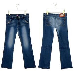 Y2k Vintage Fiorucci Angels Patch Low Rise Distressed Flared Jeans Size 11 29"